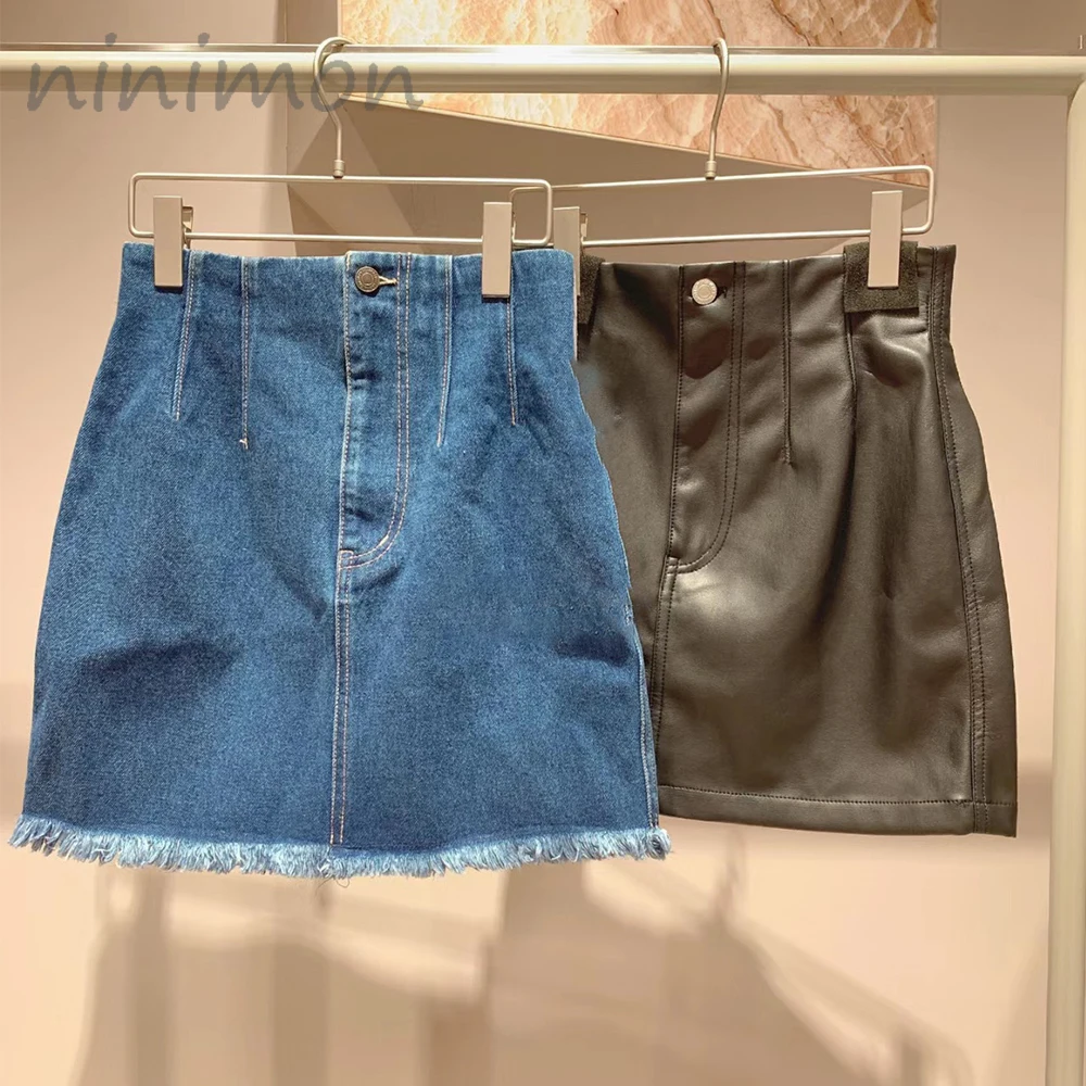 

NINIMON Women Solid A-line Denim V High Waist Pockets Raw Edge All-match High Street Hips Skirt Summer Casual Leather Skirt