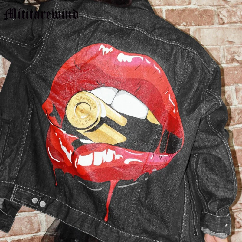 

Autumn Men's Jackets High Street Red Lips Print Trendy Couple Coats Hip Hop Vintage Black Casual Streetwear Versatile Fashion