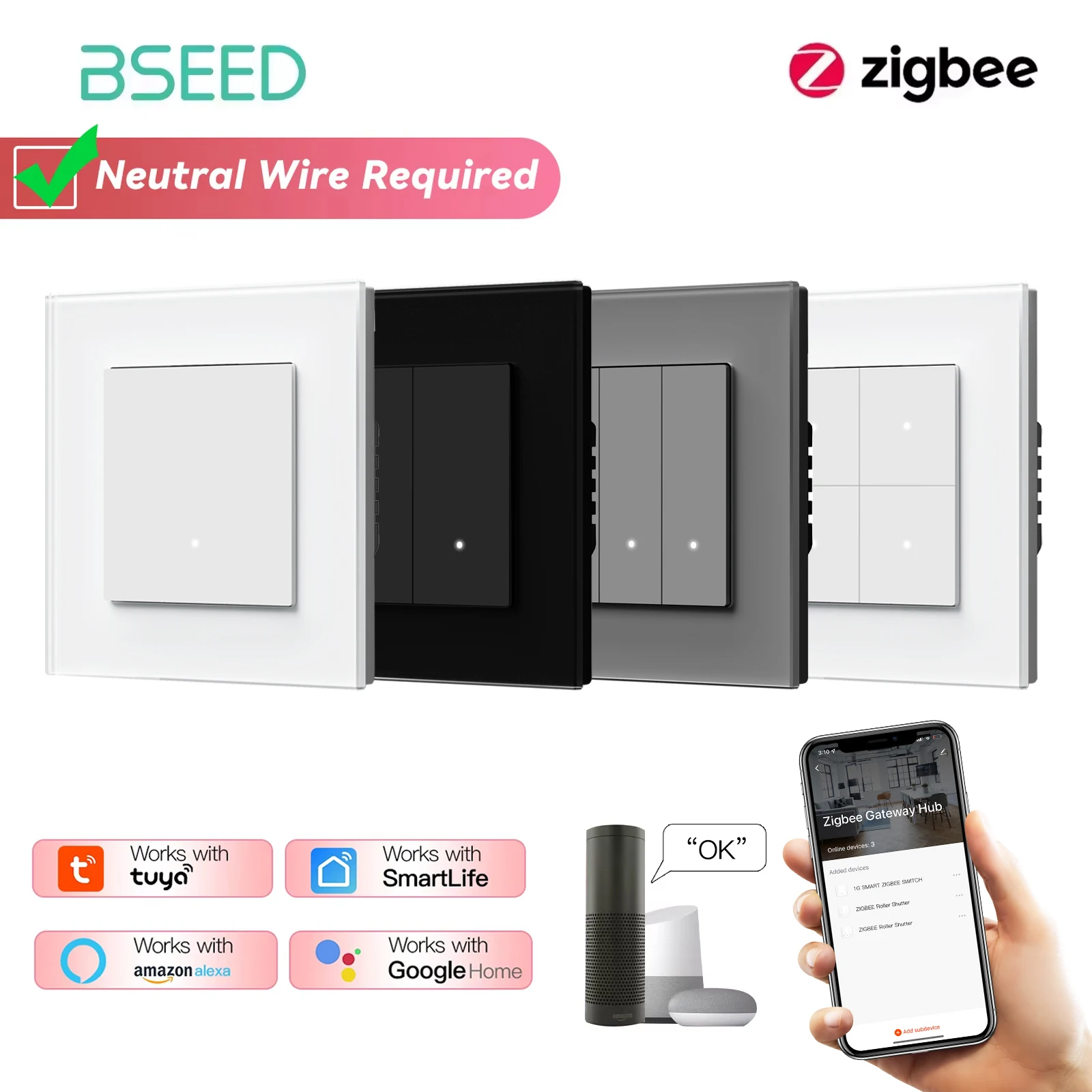 BSEED Zigbee 1/2/3/4Gang สมาร์ทสวิทช์ผนัง Tuya Smart Life Alexa App ควบคุมแผงกระจกคลิกปุ่ม EU มาตรฐาน 86 มม. 1