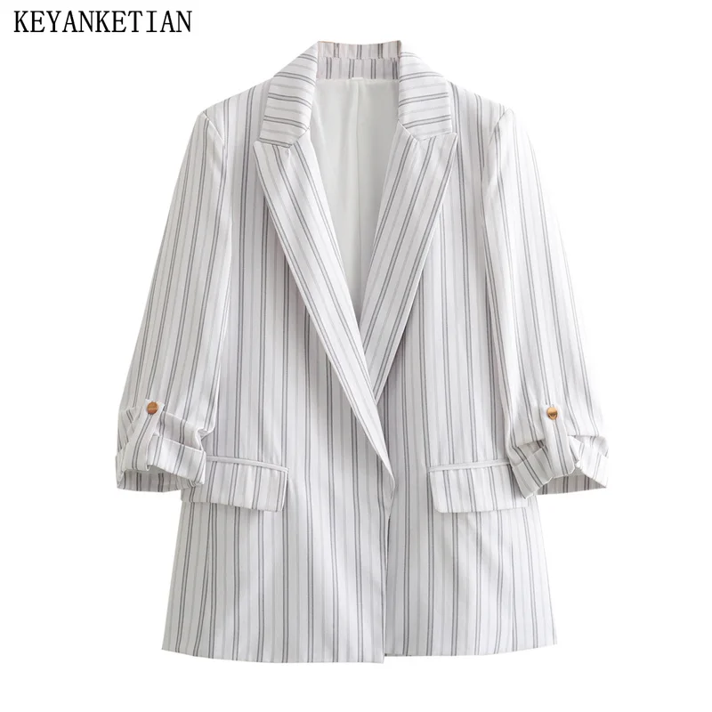 

KEYANKETIAN 2024 New Launch Women's Rolled Sleeves Striped Suit Simply Flap Pockets Office Lady Slim Leisure Outerwear Top