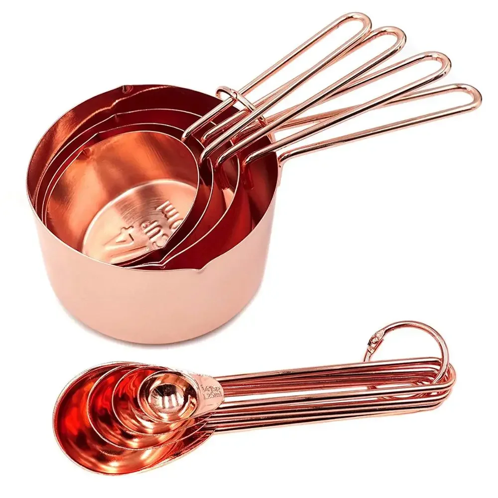 Kitchen Measuring Spoon and Cup Set Stainless Steel Measuring Spoons Plated Copper Rose Gold for Baking