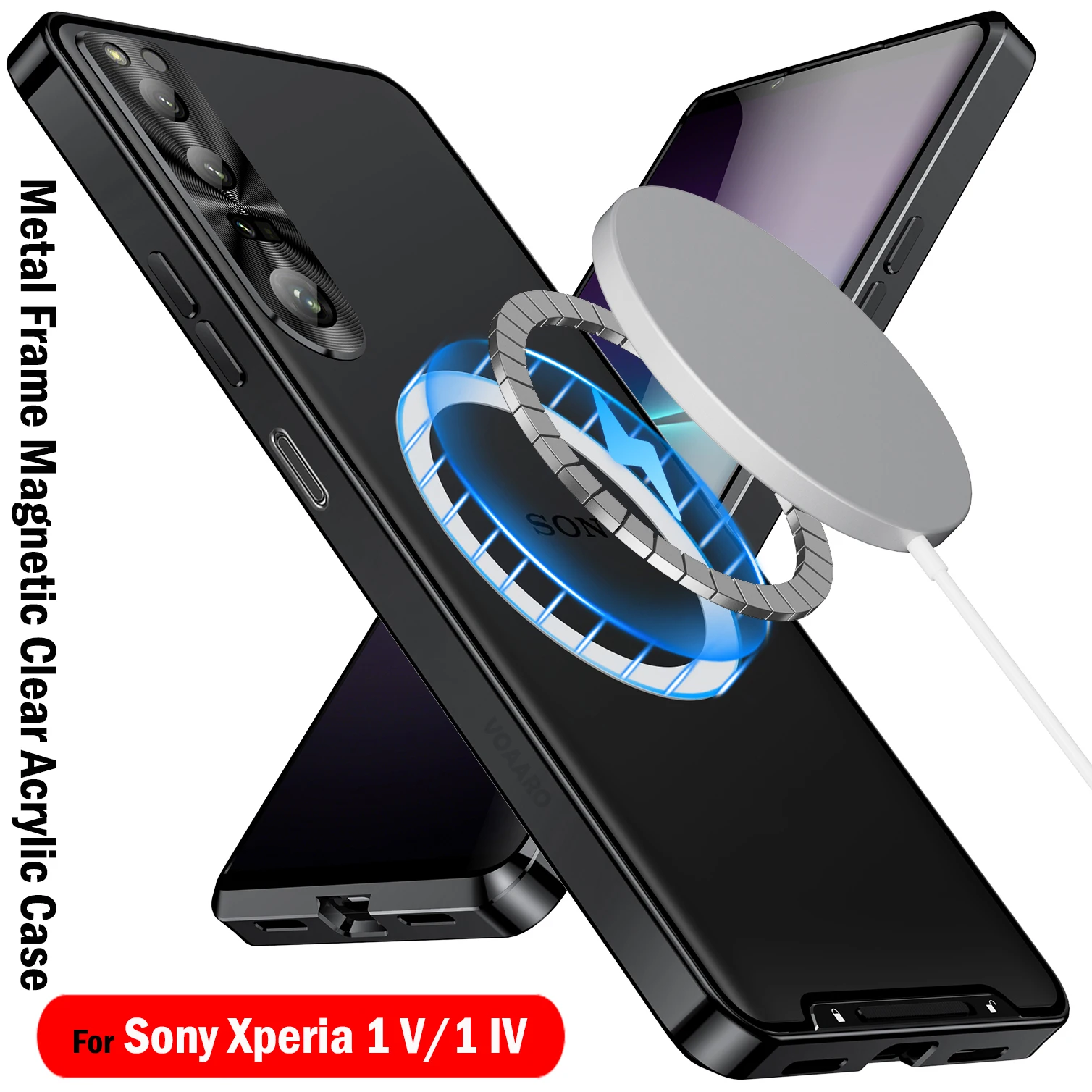 

Магнитный чехол с беспроводной зарядкой для Sony Xperia 1 V IV, металлический корпус, HD прозрачный акриловый чехол из материала для Sony Xperia 1 V, чехол