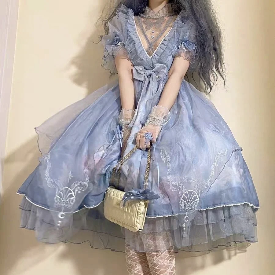 

Tea Party Lolita Sweet Cute Girl Ruffles Puff Sleeve Dresses Pearl Embroidery OP Fairy Princess Dress Women's Summer Fashion
