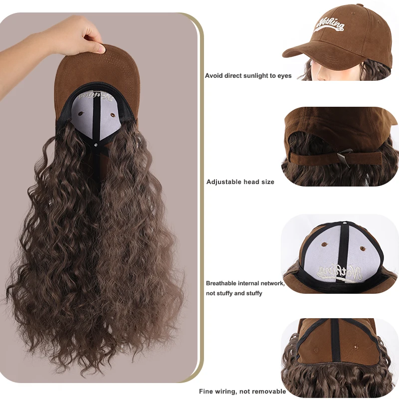 LUPU Women's Baseball Cap Strap Hair Extension Heat-Resistant Synthetic 16 inch Adjustable Curly Wig, Suitable for Girls