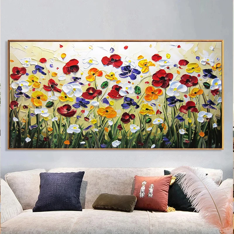 Decorazione da parete in tela per camera da letto: soggiorno, cucina, ufficio, grande, rustico, motivo floreale, astratto, arte moderna con fiori di campo, pittura contemporanea per la casa