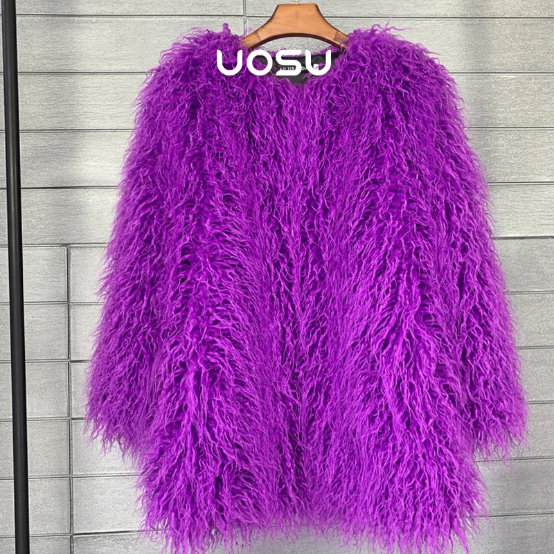 Fluffy Faux Fur Coat for Women Winter Jackets Female Long Sleeve Green Orange Sheep Fur Jacket Candy Color Festival Party Coats