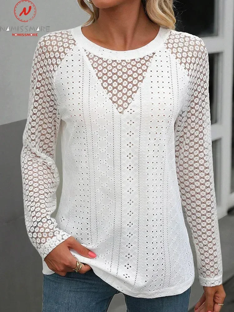 

Fashion Women Solid Color T-Shirts Hollow Out Design Lace Decor See Through O-Neck Long Sleeve Autumn Casual Loose Pullovers Top