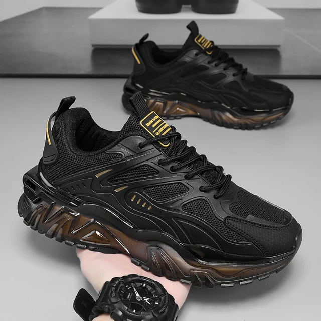 Men's Casual Sneakers, Stylish Black Sneakers with a Touch of Gold Embellishments, Lace-Up Sneakers with Air Cushioning, Comfortable Upper and Durable Sole, Suitable for Casual Wear, City Exploration Shoes | Fashionable Sneaker Design | Secure Fit Closure