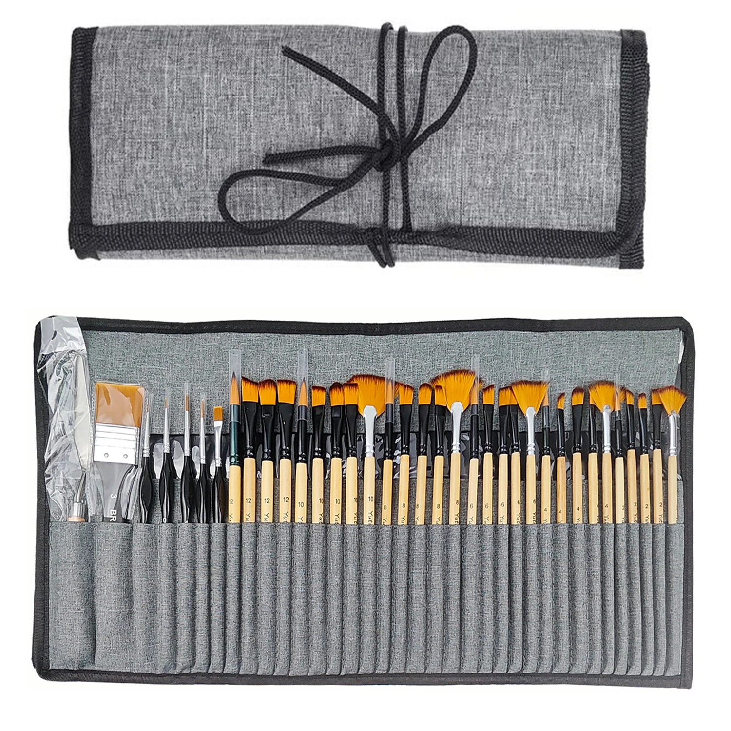 팔레트 나이프 및 천 롤이 포함된 36PCS 전문가용 페인트 브러시 세트, 아크릴/유화/수채화/구아슈용 나무 색상 브러시