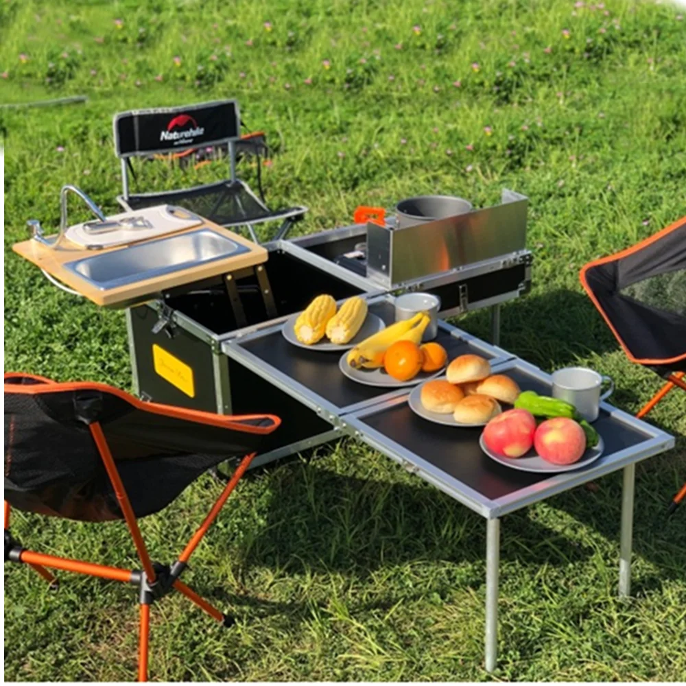 60L Outdoor Kitchen Portable Folding Camping Mobile Kitchen Gear Storage  Box With Sink Portable Picnic Cooking Car Camping Table
