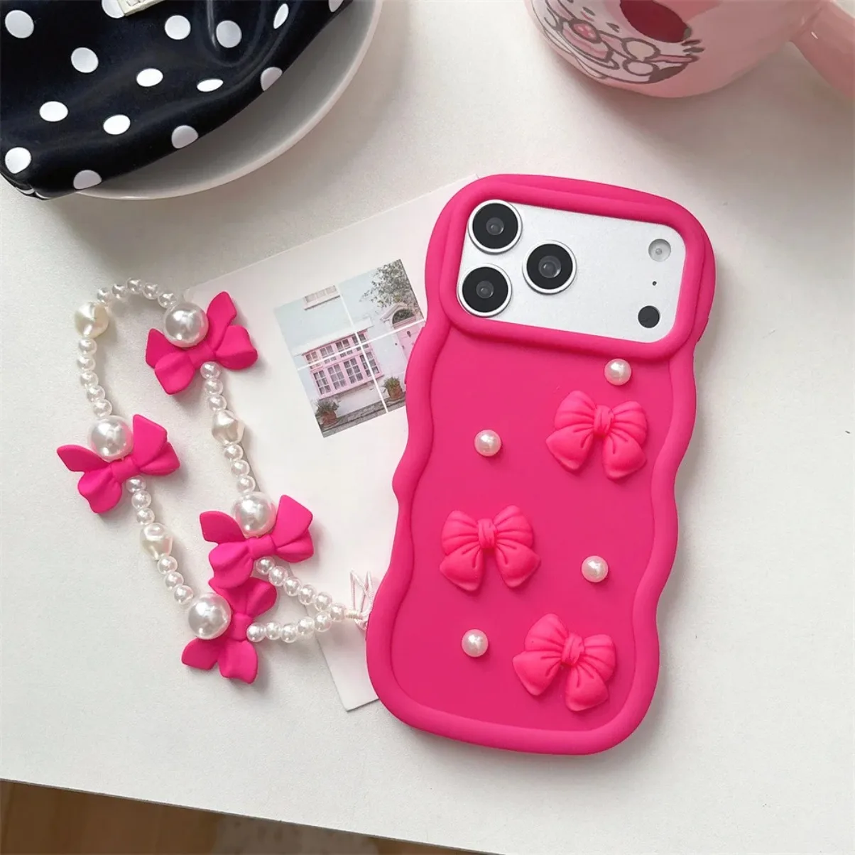 3D Cute Kawaii Bowknot Wavy Edge Phone Case with Pearl Chain Wrist Strap