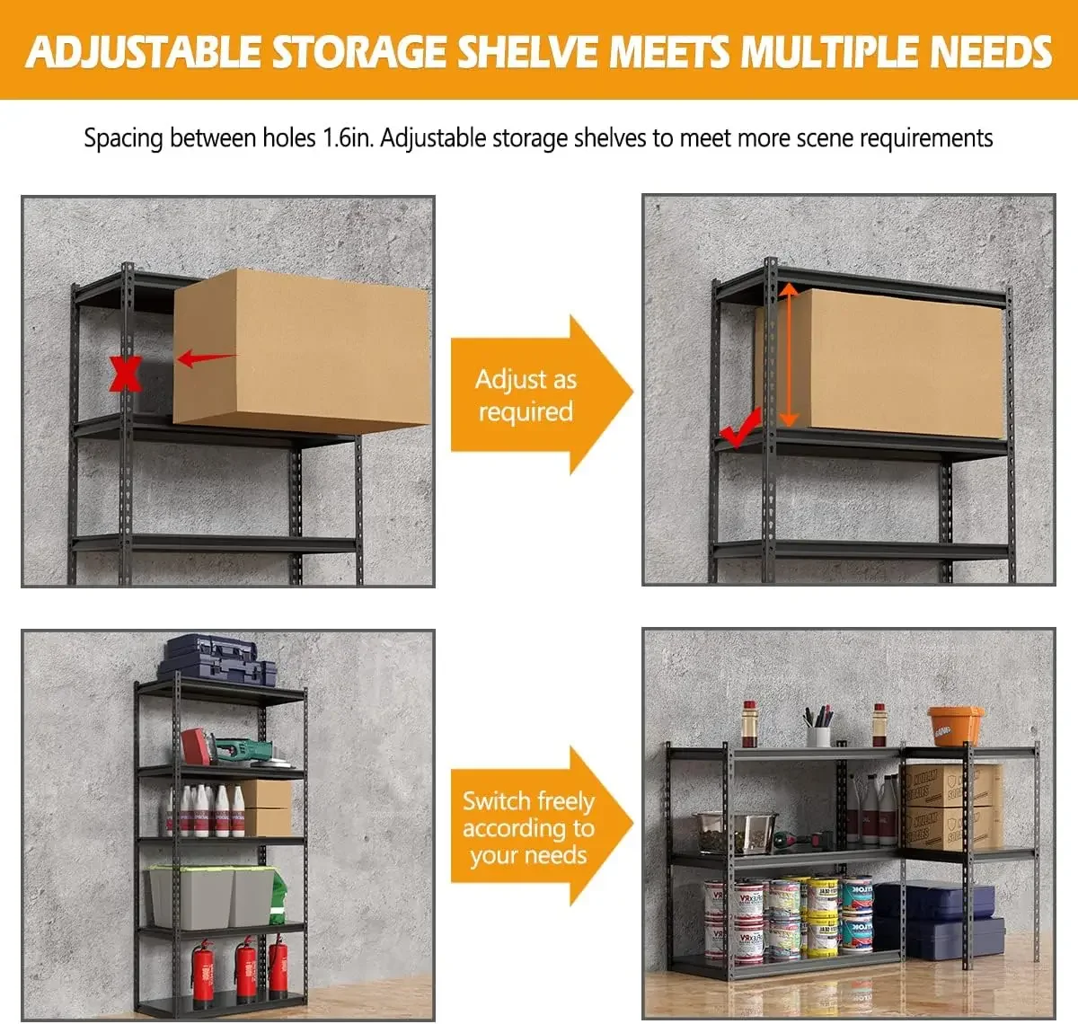 Garage Storage Shelves, Adjustable 5-Tier Metal Heavy Duty Shelving, Utility Storage Rack for Garage Organization Warehouse Base 4