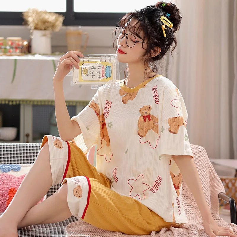

Cotton Sleepwear Women's Cartoon Cute Pajamas Set Calf-Length Pant Sleeping Top Nightwear Female Girl Home Clothes pijama mujer