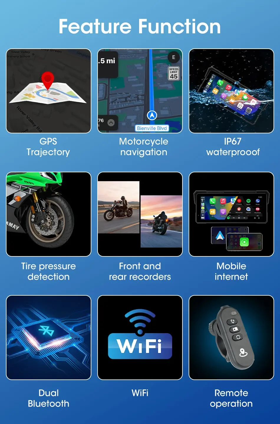 8,1 Zoll großer Bildschirm tragbare GPS-Navigation Motorrad DVR Wireless CarPlay Android Auto mit Dual Bluetooth IPX7 wasserdicht – Detail 3