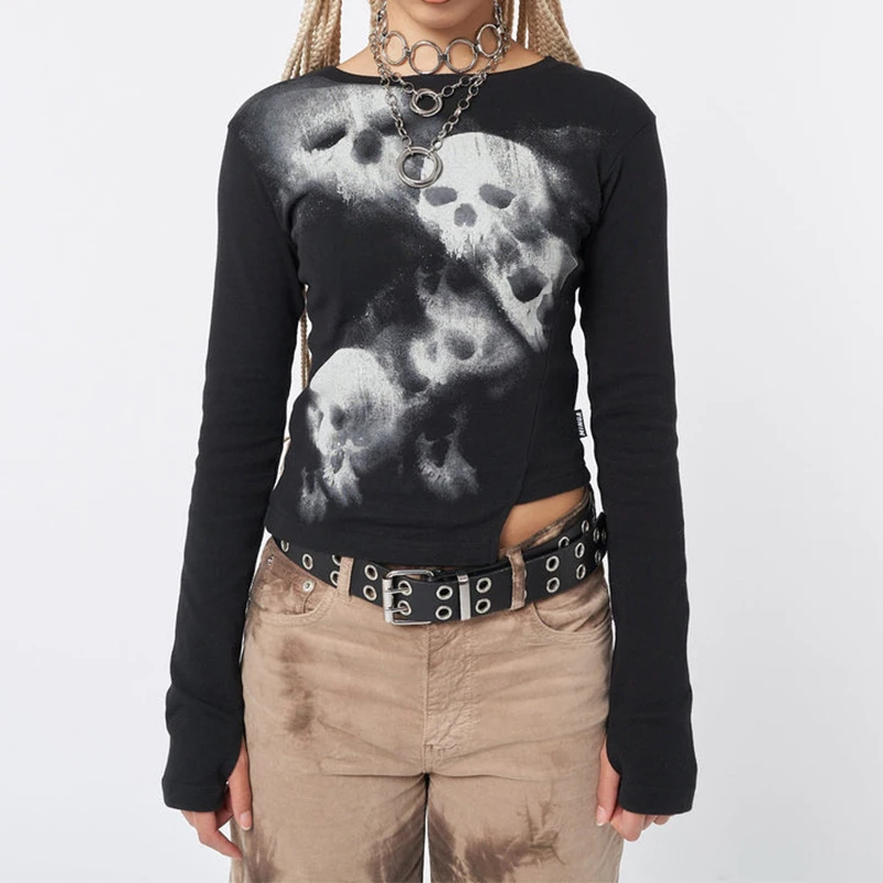 

Женская Винтажная футболка с длинным рукавом и принтом черепа, в стиле Харадзюку