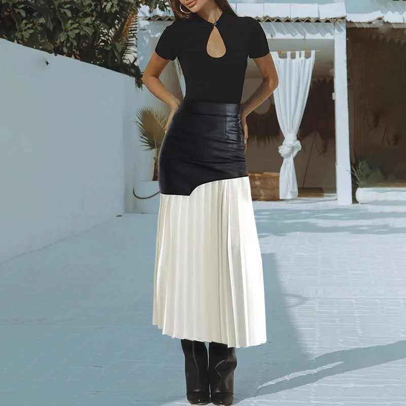 

Женская плиссированная юбка средней длины, юбка из искусственной кожи контрастных цветов с высокой талией, лето 2024