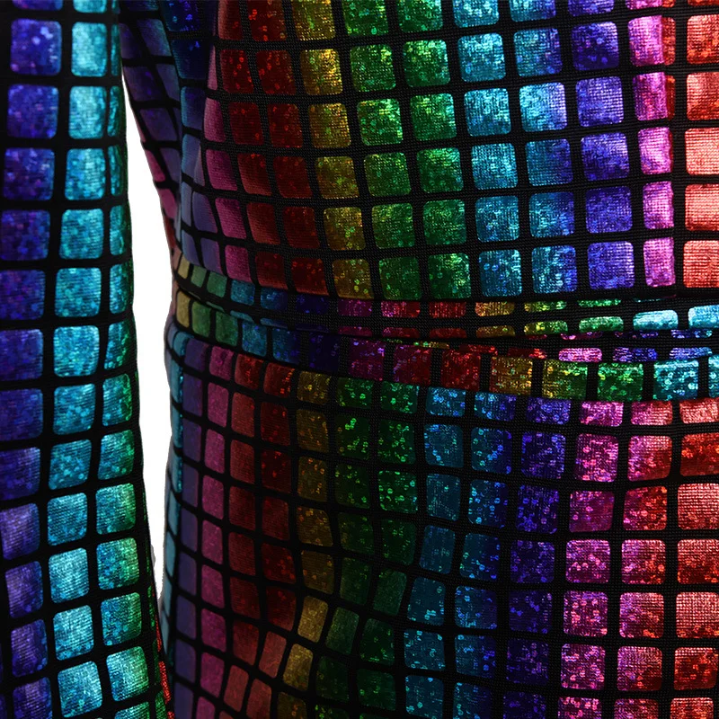 Men's Halloween Rainbow Grid Gold Silver Hot Stamping Stage Nightclub Cool Performance Shiny Suit Jacket + pants 2-piece Set