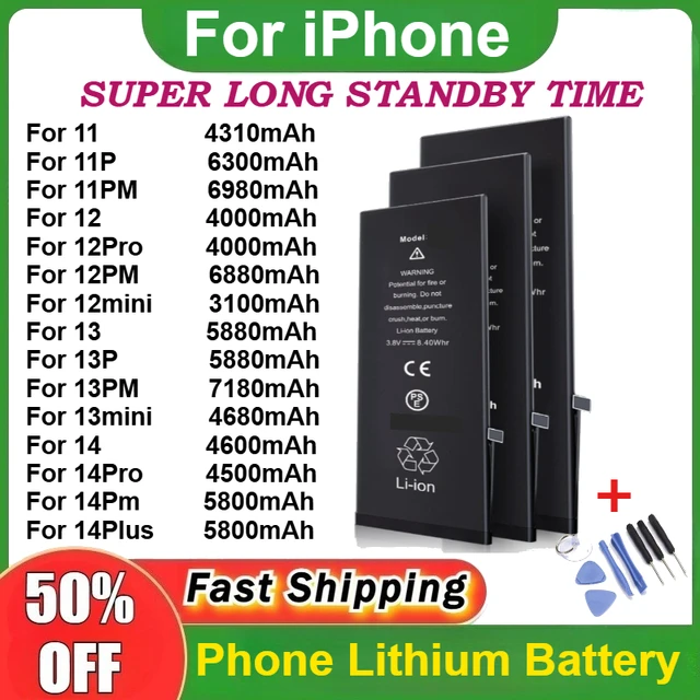 High-Capacity Mobile Phone Battery for IPhone 14 Pro Max 11 Pro 12 13 Mini Pro Max Replacement Lithium Polymer Bateria + Tools