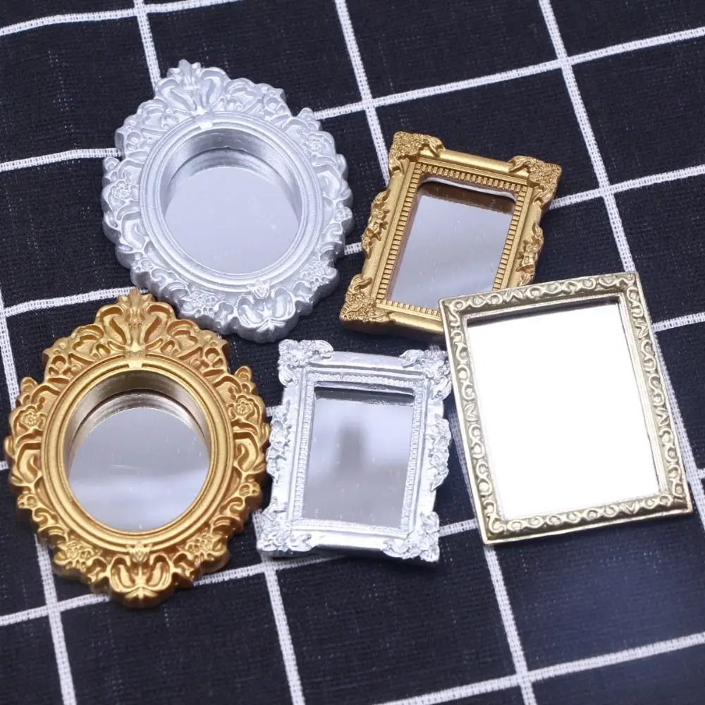 Pretend Play 1:6/1:12 House Furniture Retro Metal Border DollHouse Mirror Model Educational Carving Miniature Mirror Girls