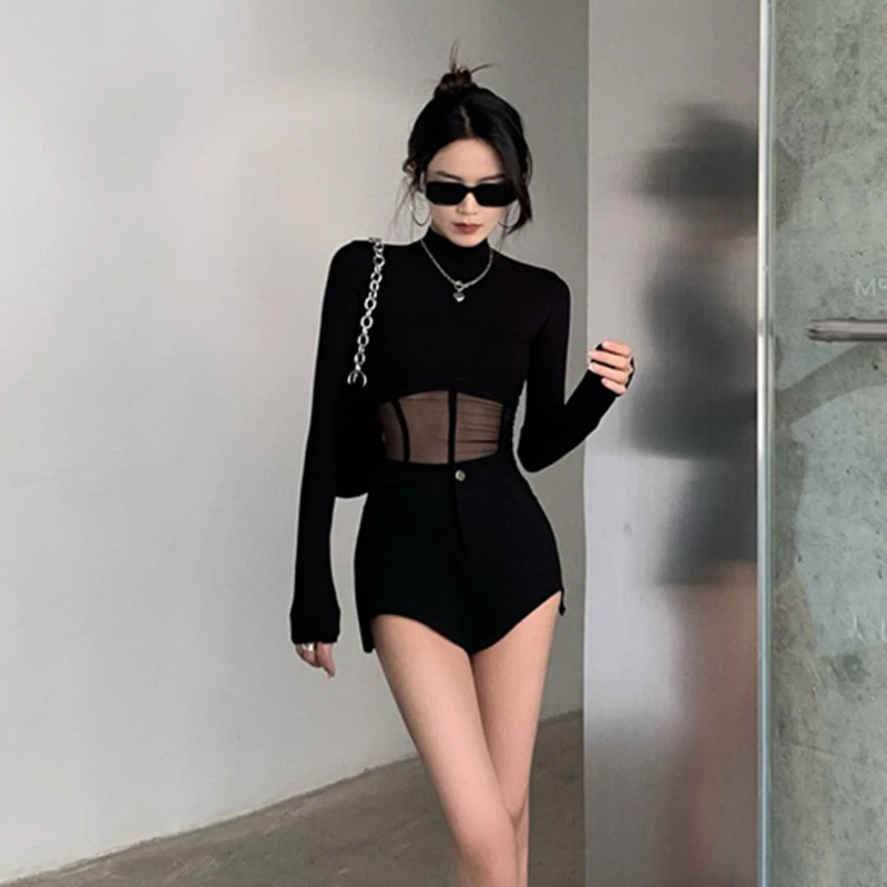 Black Top y2k Clothing Women Solid Color Skinny Turtleneck Long Sleeve Mesh Patchwork T Shirt Spring Autumn Clothes