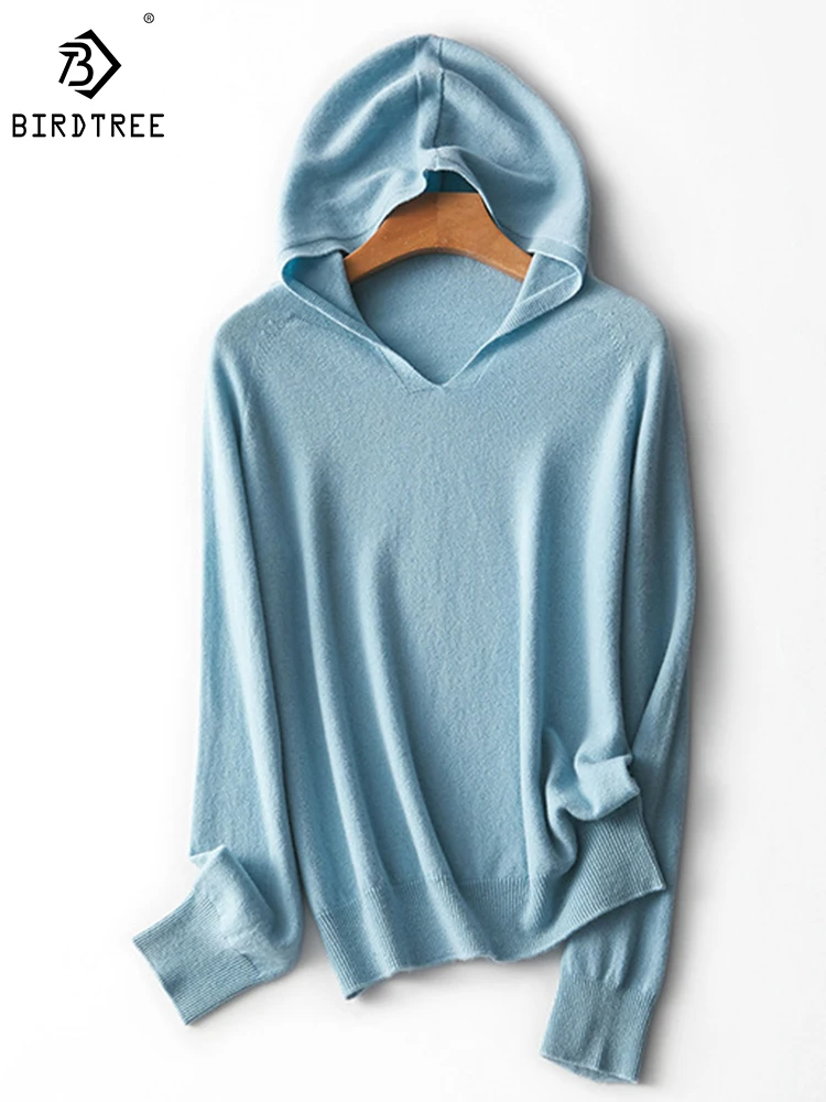 

Birdtree 100%Wool Pullover Hooded Solid Color Sweet Age Reduction Warm Casual Comfortable Loose Commuter Sweater Winter T3D149QD