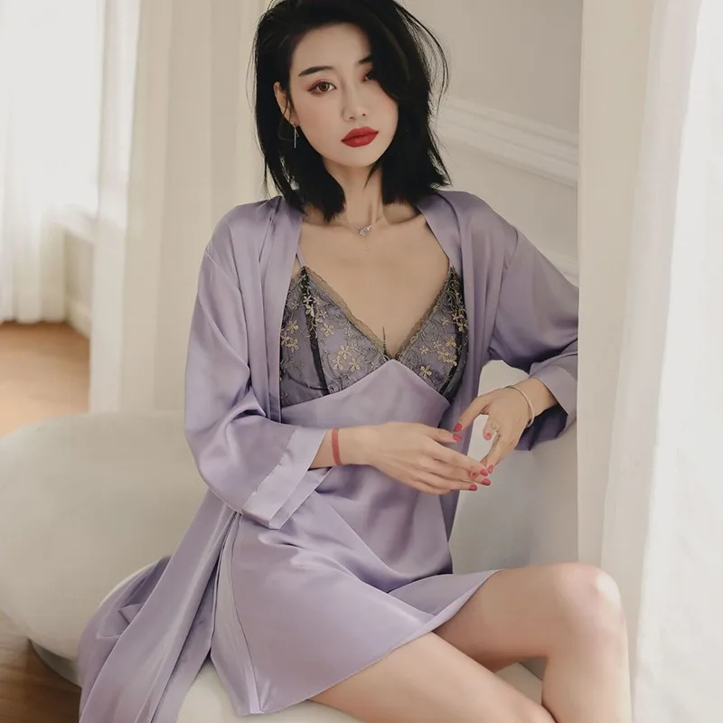 

Халат женский атласный из двух предметов, ночная рубашка с V-образным вырезом, на бретелях, летнее кимоно, пикантная Домашняя одежда, нижнее белье