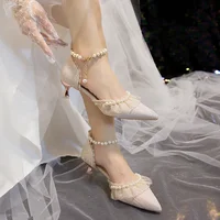 Luxury Silk White Wedding Shoes for Women 2023 Summer Pearl Ankle Straps High Heels Pumps Woman Pointed Toe Heeled Dress Shoes 4