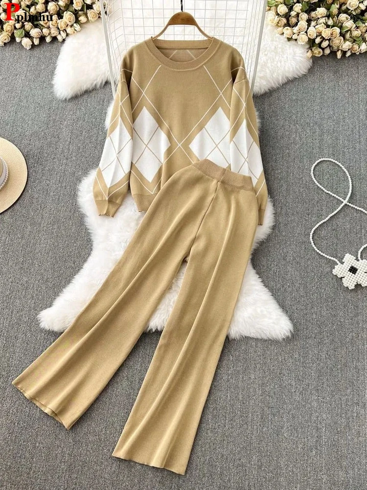 

Knit Spring Two Piece Sets Plaid Pullovers Tracksuit High Waist Ankle Length Wide Leg Pant Suits Soft Korean Woman Conjuntos