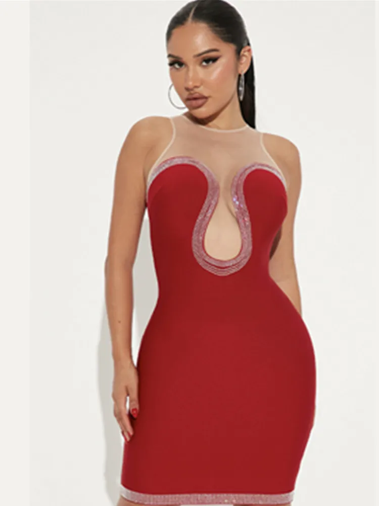 

Summer New Design Red Bandage Dress Women Sexy Sleeveless O Neck Diamonds Deco Bdoycon Mini Celebrity Evening Club Party Dresses