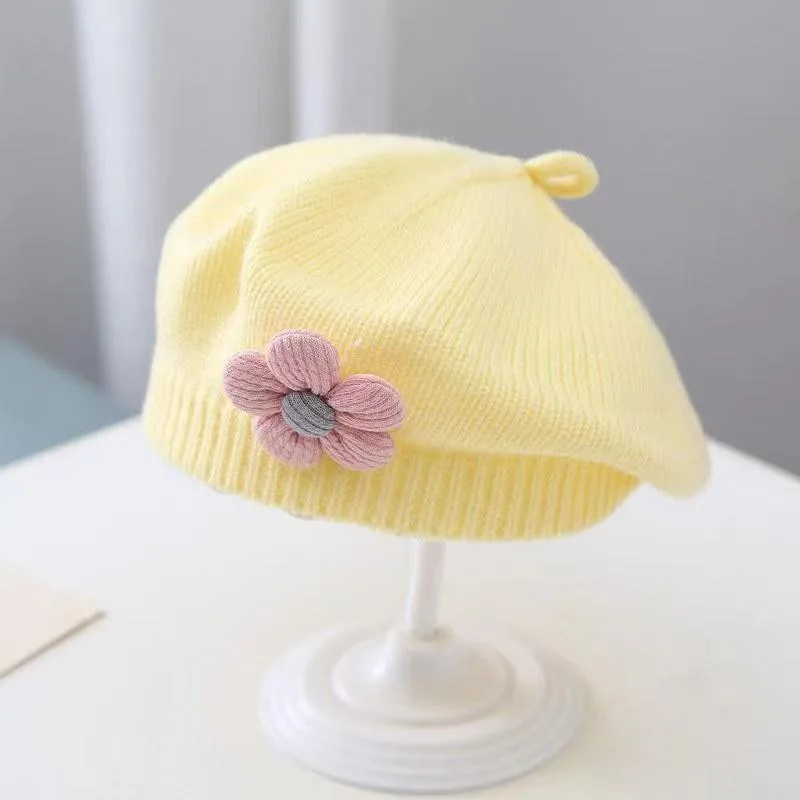 Flower Baby Beret Hat Winter Warm Knitted Beanie Cap for Infant Girls Korean Toddler Princess Artist Solid Color Painter Caps Baby & Maternity