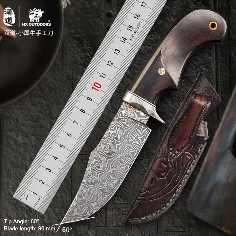 

HX OUTDOORS Small Rhino Damascus steel hand knife Ebony handle high hardness sharp outdoor hunting knife gift collection