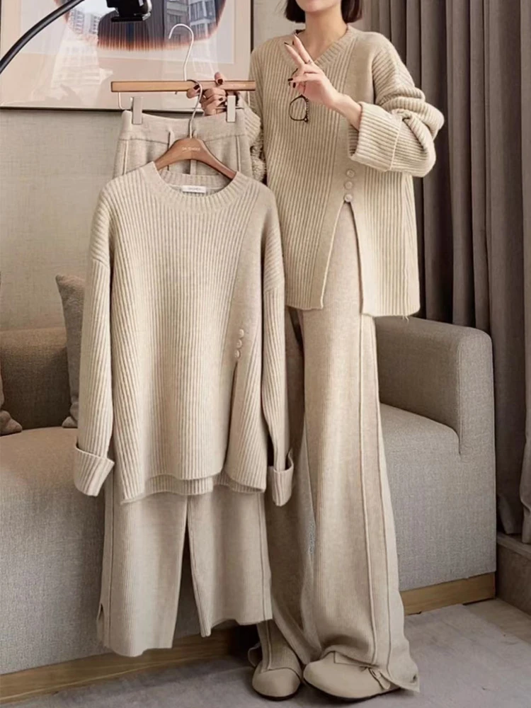 Women's Knitted 2-Piece Set Tracksuit Autumn Winter O-neck Pullover Sweater Wide Leg Pants Harajuku Warm Solid Casual Suit New
