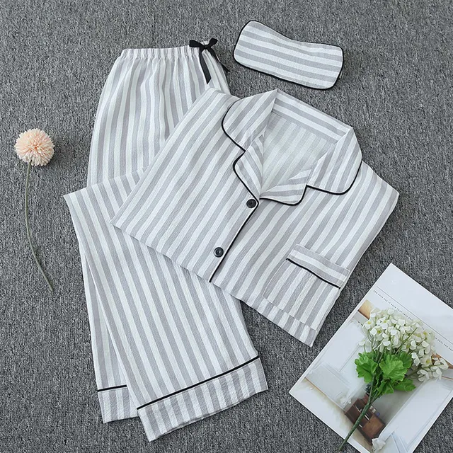 Women'S Pajama Set Long Sleeve Button Pajamas Two Piece Set Striped Sleepwear Casual Set With Eye Sexy Nightwear Women 1