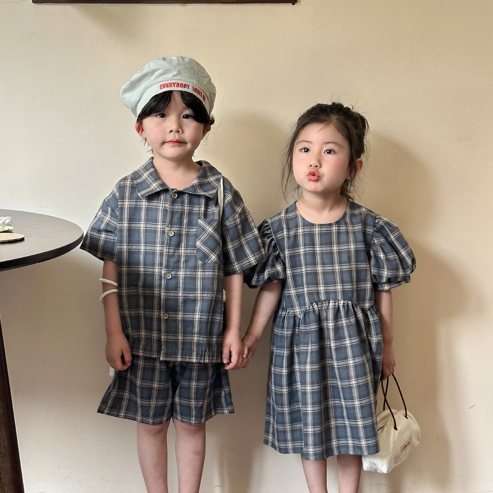 

Children Summer Plaid Clothes Set Brother Sister Outfits Boys Kids Short Sleeve Plaid Shirt and Shorts 2pcs Baby Girls Dress