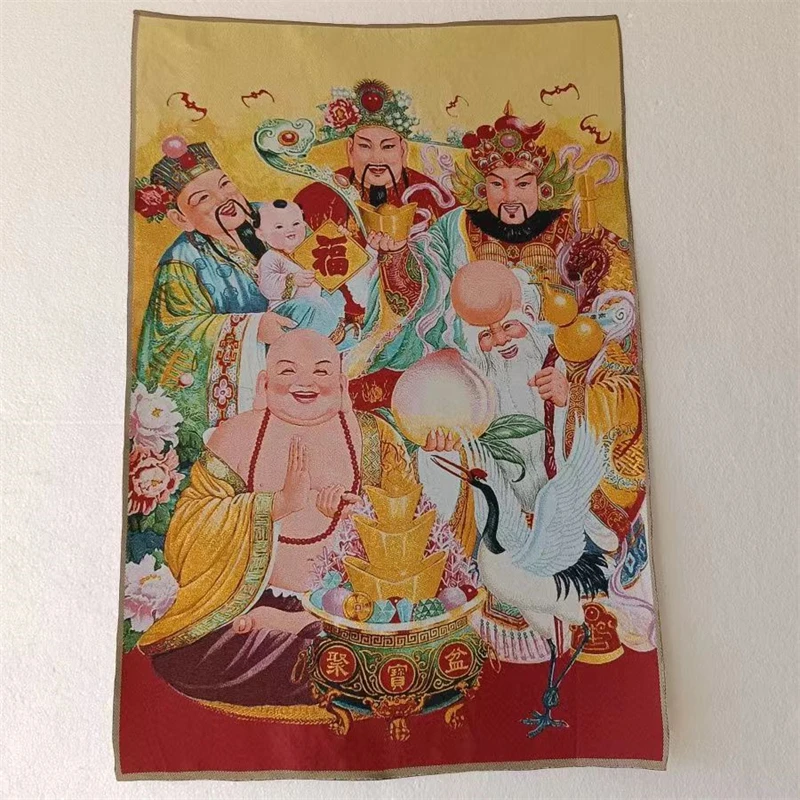 

Folk and religious Thangka, three stars of fortune, wealth and longevity, brocade embroidery painting, exquisite home decoration
