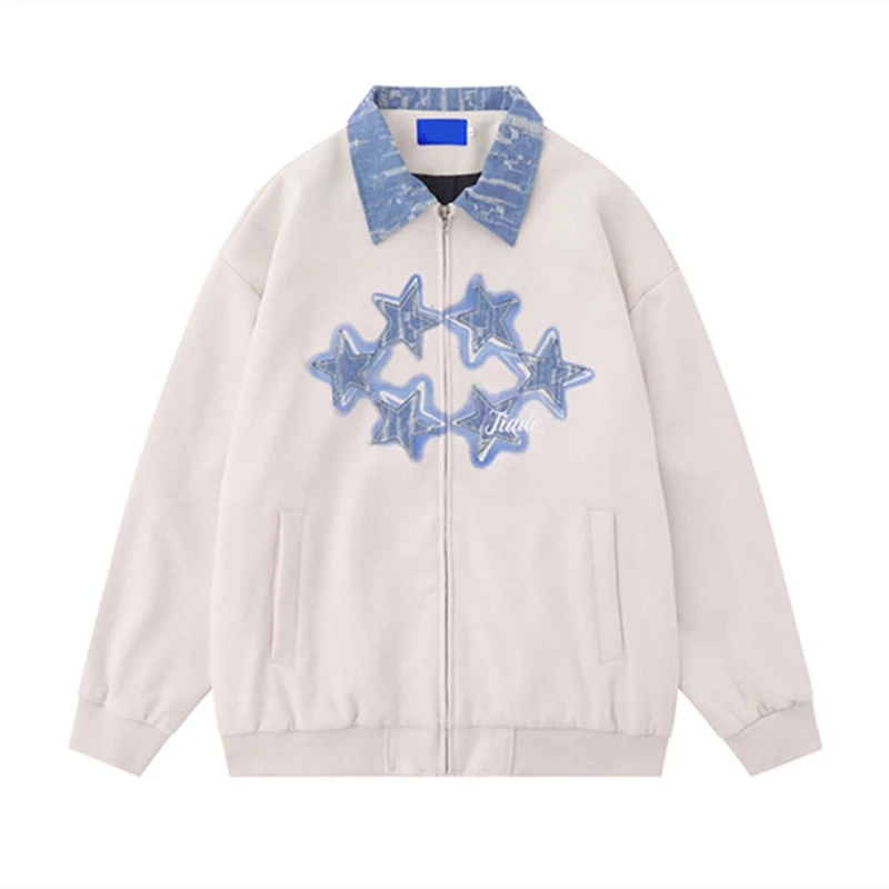 

Vintage Raw Edge Star Patchwork Jackets Spring Autumn Men's Loose Outerwear Harajuku Style Couple Wear Suede Zipper Lapel Coats
