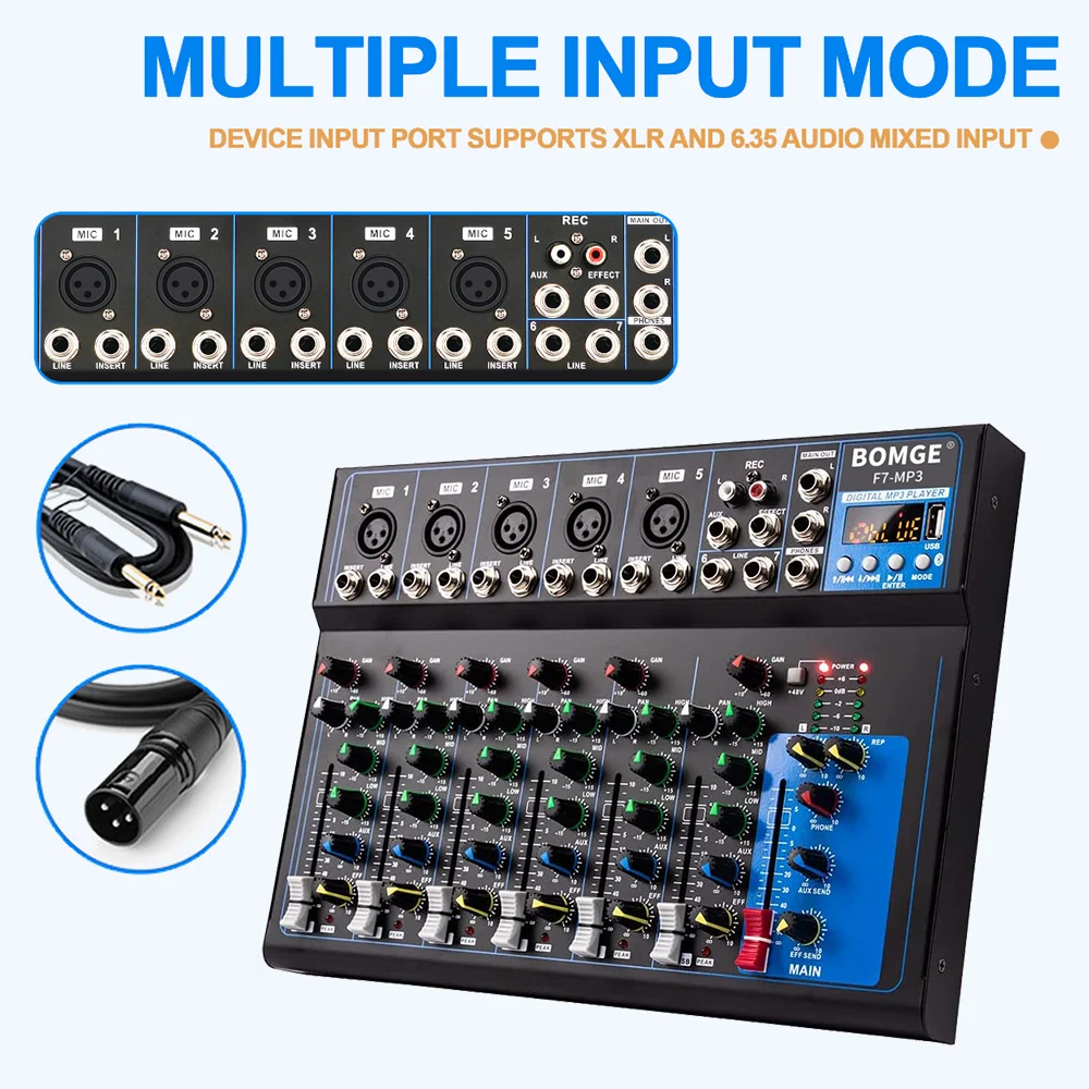 F7 7 Channel Bluetooth Portable Audio Mixer USB DJ Sound Mixing Console MP3 Jack 48V Power for Computer Recording Mixing BOMGE