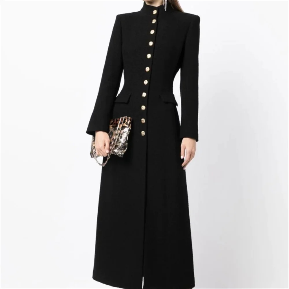

Winter new stand collar single breasted slim simple woolen long coat woman