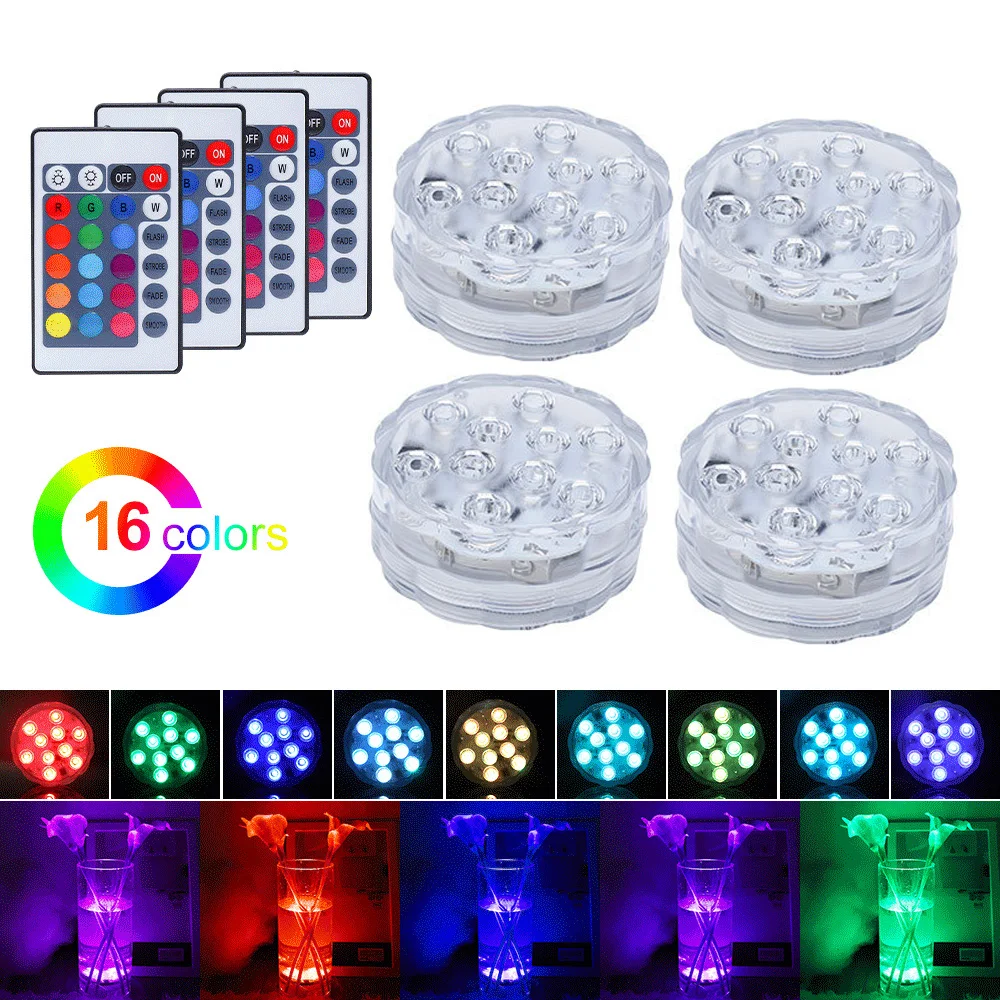 

4 PCS Lamps RGB 16 Colors IP68 Waterproof Submersible Light 10 Leds Decorative Lamp &24 Key Remote Controller for Pond,Vase,