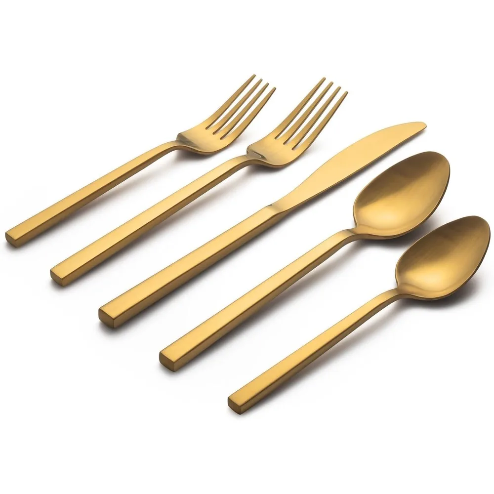 

Gold 20-Piece Flatware Set, Forged Cutlery Set, Matte Gold Silverware Service for 4,Stainless Steel Tableware with Square Handle