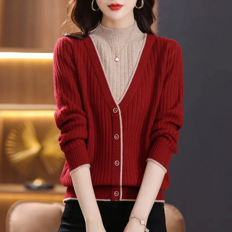 

Korean Vintage Half High Collar Fake Two-piece V-neck Button Sweater Women Panelled Spring New Fashion Long Sleeved Knitted Top