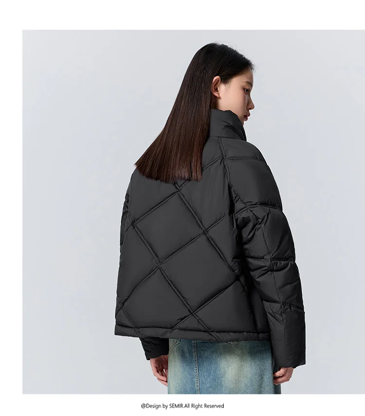 Cotton Clothing Women Loose Stand Collar Simple Casual Temperament Winter Gentle Waterproof Rhombus Versatile Thick Coat