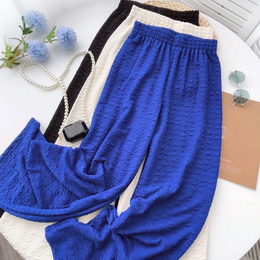 2022 Spring/Summer Elastic High Waist Pants Women Casual Loose Wide Leg Pants Solid Straight Pants Femme Long Trousers Outwear capri sweatpants