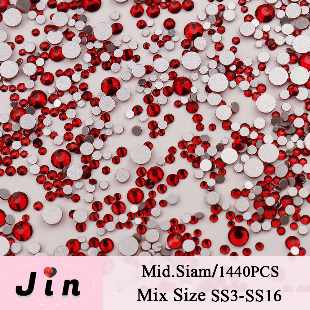 JIN 1440 Stück Gemischte Größen Klare Kristall-Strass-Steine Nicht-Hotfix Gold Rot Flache Glitzersteine für Nagelkunst Basteln DIY Dekorationen Schuhe – Detail 8
