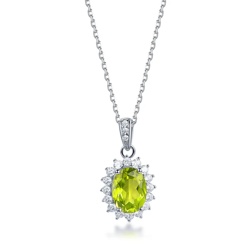 

925 Sterling Silver Natural Peridot Necklace Luxury Vintage Gemstone Clavicle Chain for Women with Certificate