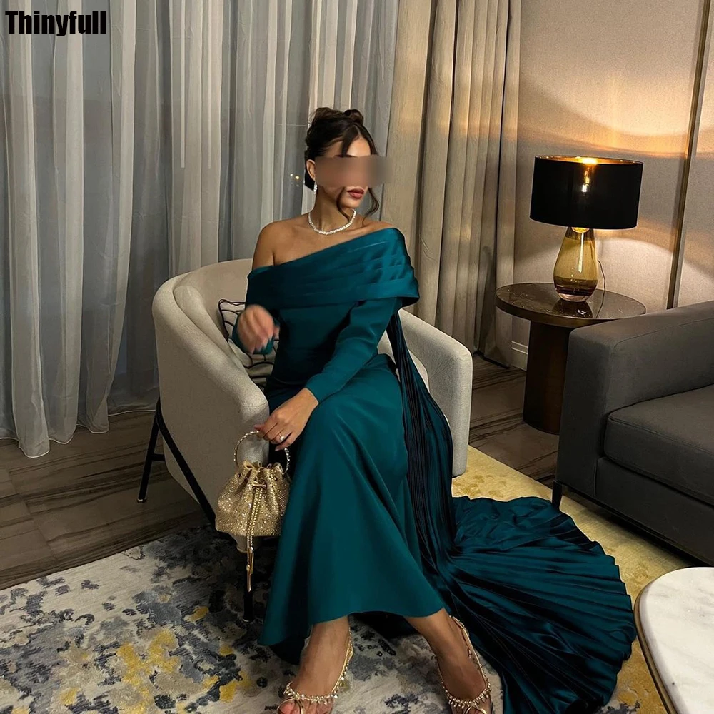 

Thinyfull Arabia Satin Prom Dresses Off Shoulder Long Sleeves Evening Party Dress Mermaid Formal Occasion Gown Robe De Soirée