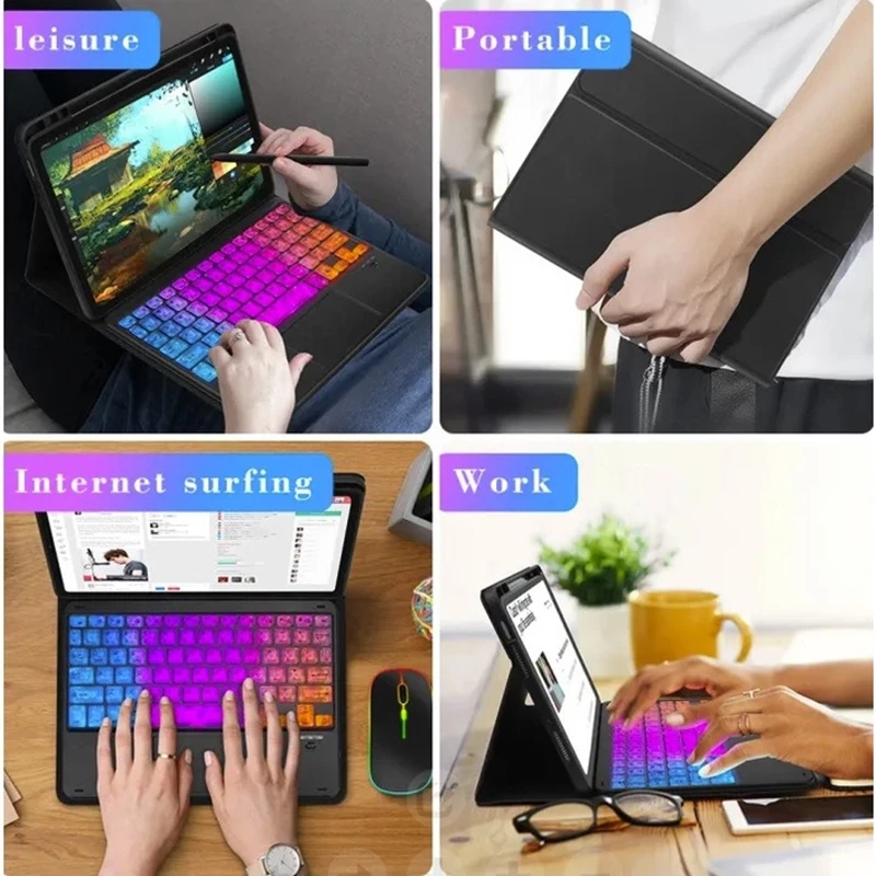 RGB Rainbow Backlit Wireless Bluetooth Keyboard Touchpad and Mouse Wireless Spanish Korean Keyboard for iPad IOS Android Windows