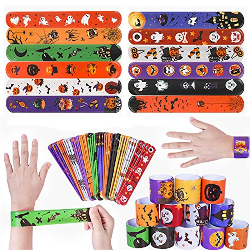 Party Toys Toy Gift Filler 12/24/48pcs Halloween Slap Bracelets Spider Pumpkin Print Wristbands Halloween Party Favors Toys for Kids Gifts Xmas