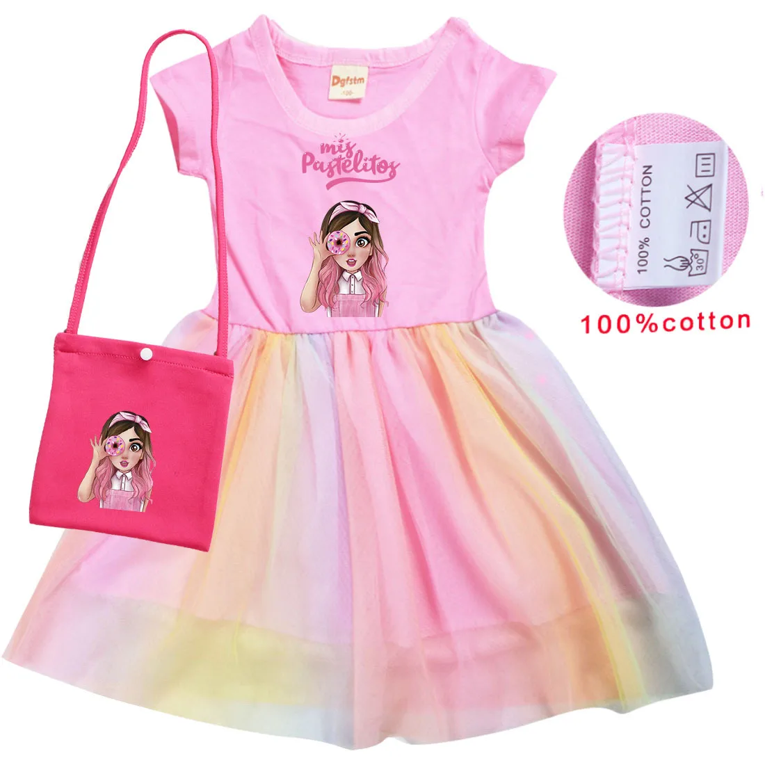 Mis Pastelitos Cartoon Costume Kids Summer Rainbow Dress Girls Wedding Party Princess Vestidos Baby Girl Short Sleeve Dresses