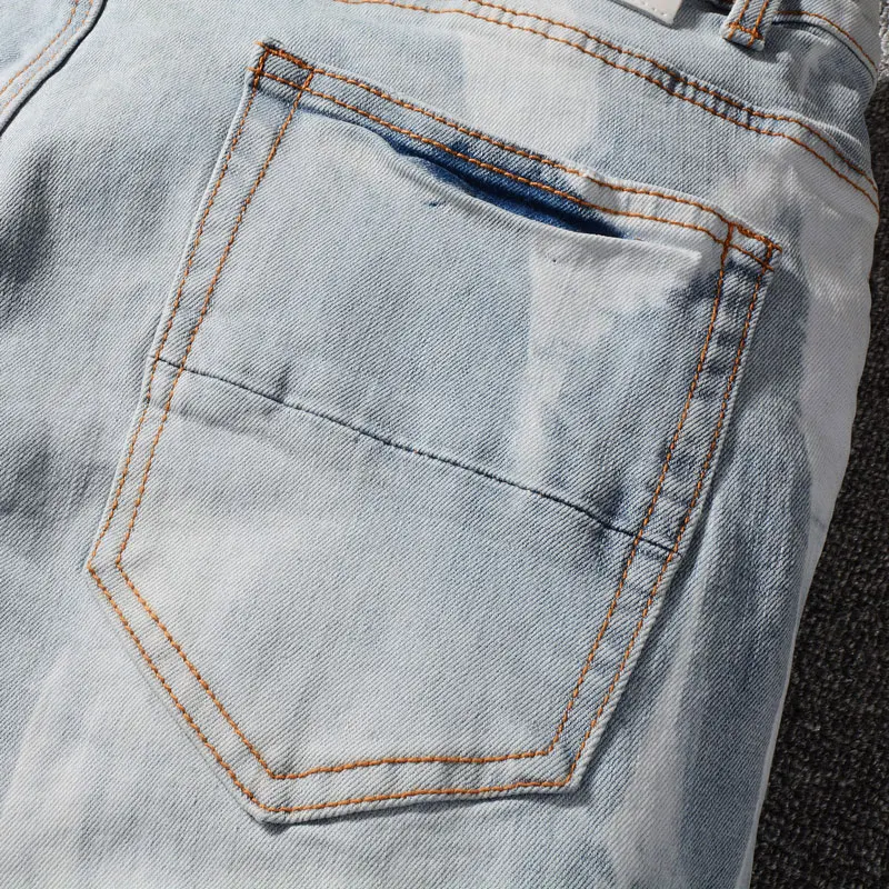 High Street Fashion Men Jeans Retro Light Blue Stretch SKinny Fit Brand Jeans Homme Tie-Dye Designer Hip Hop Denim Pencil Pants